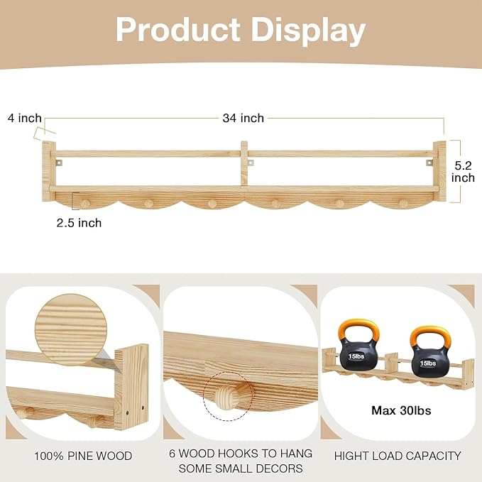34Inch Nursery Bookshelves, Wall Floating Shelf Kids Coat Rack - Image 3