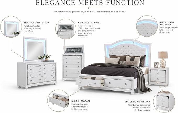 First of a Kind Shiney Contemporary 5 Piece Queen Bedroom Set High Gloss White - Image 3