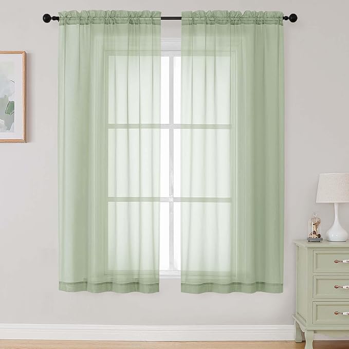 Light Green Sheer Curtains 63 Inch Length 2 Panels Set by WelvetBLK