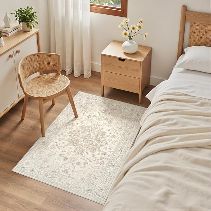 Washable Area Rugs 2x3: Living Room Bedroom Carpet Beige White | Vintage Boho - Image 4