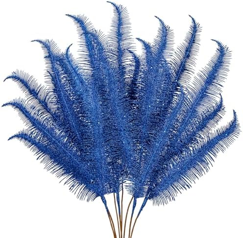 Oairse 8 Pcs Christmas Tree Picks and Sprays Navy Blue Glitter Christmas Picks 28" Christmas Glitter Feathers Leaves Stems for Christmas Tree Filler Branches Wreaths Centerpieces Holiday Decorations by Oairse