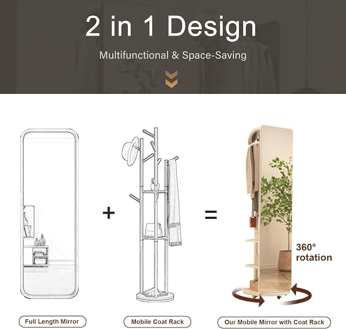Muwuele Solid Wood Full Length Mirror Coat Rack, Floor Mirror - Image 3
