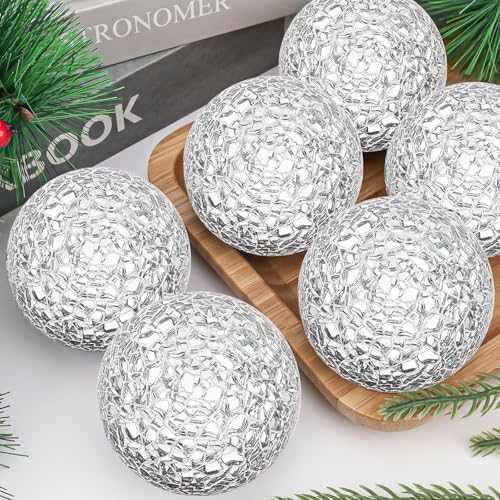 6 Pcs Decorative Balls for Bowls,2.4" Silver Mosaic Glass Balls - Image 5