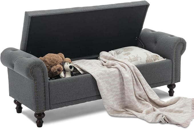 SOFTHION 58.1" Storage Bench Upholstered Linen End of Bedroom Bed Bench Ottoman by SofthionDesign