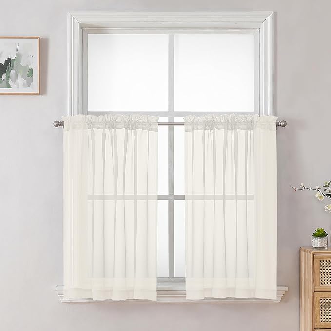 Cream Sheer Curtains 36 inch Length 2 Panels Set, Light Filtering Voile Rod by OVZME