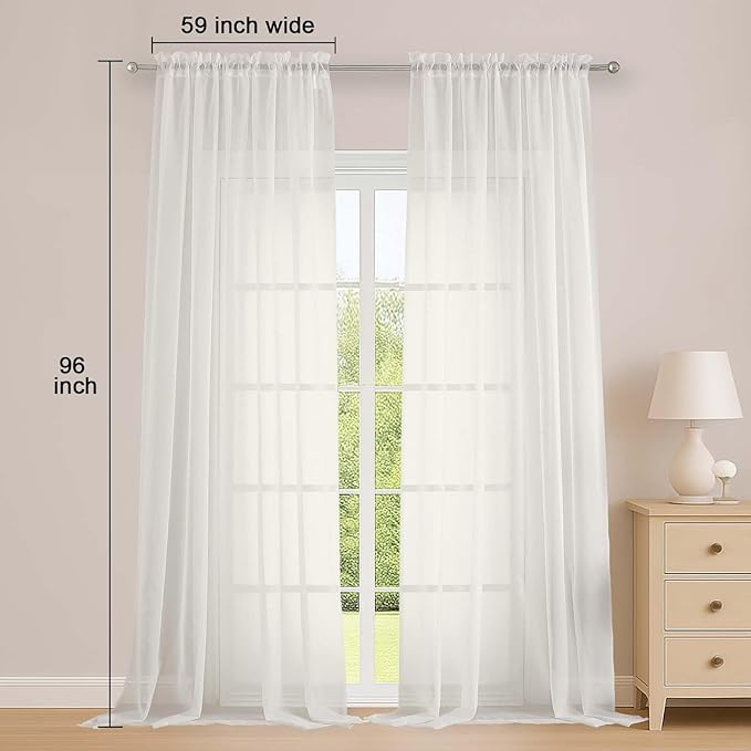 Ivory Sheer Curtains, Sheer Curtains 96 inches Long 2 Panels Set, Rod Pocket - Image 2