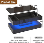 39.4" Large Lift Top Coffee Table, Modern High Glossy LED Coffee Tables - Image 2