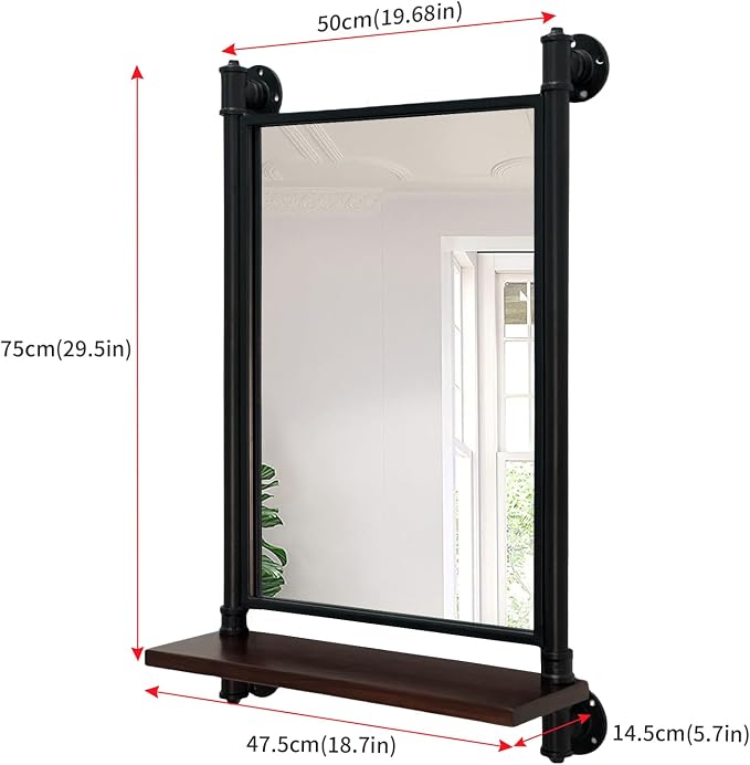 Industrial Pipe Mirror Wood Shelves, Bedroom Mirror - Image 2