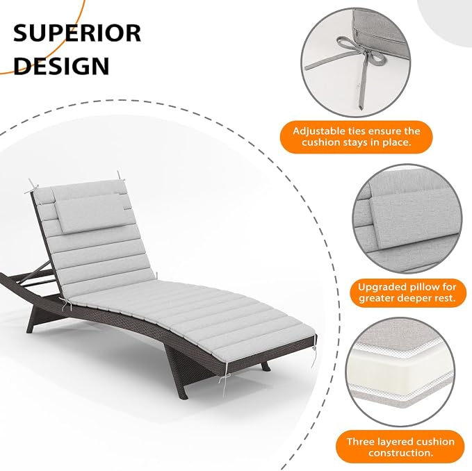 Sundale Outdoor Olefin Quilted Lounge Cushion Set of 2, Patio Foldable Chaise - Image 5