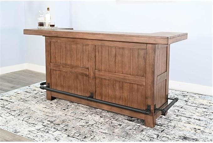 Pemberly Row Set of 3 Natural Brown Wood Bar Unit & 2 Swivel Barstool - Image 6