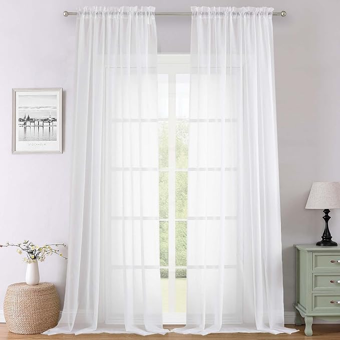 White Sheer Curtains 108 Inches Long 2 Panels, Solid Airy Voile Extra Wide by Lecloud