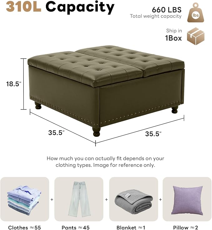 Tbfit Large Square Storage Ottoman Bench, Tufted Upholstered Coffee Table - Image 2