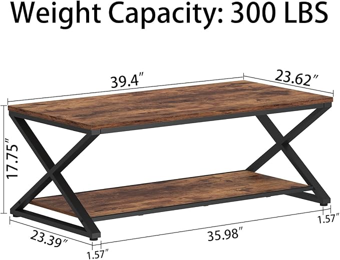 HSH Wood Coffee Table with Storage, Farmhouse Rustic Brown Coffee Table - Image 2