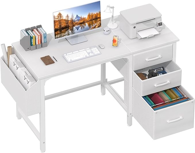 Lufeiya White Desk with File Drawers Cabinet, 47 Inch Reversible Computer Desk by LUFEIYA
