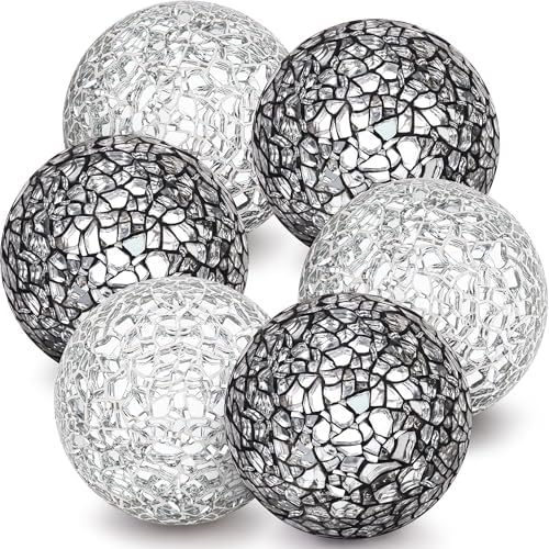 6 Pcs 2.4" Black & Silver Mosaic Glass Decorative Balls for Bowl by Kepfire