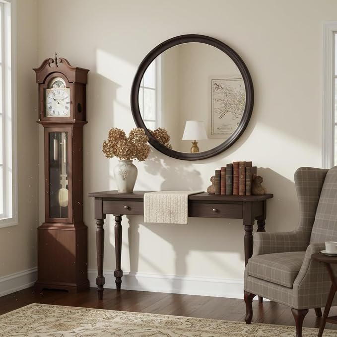 Round Mirrors 36 Inch, Rustic Decorative Transitional Dark Walnut Wall Mirror - Image 4