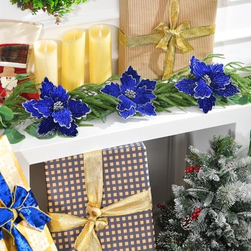 10 PCS Glitter Poinsettias, 8.7" Artificial Christmas Flowers, Royal Blue - Image 5