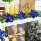 10 PCS Glitter Poinsettias, 8.7" Artificial Christmas Flowers, Royal Blue - Image 5