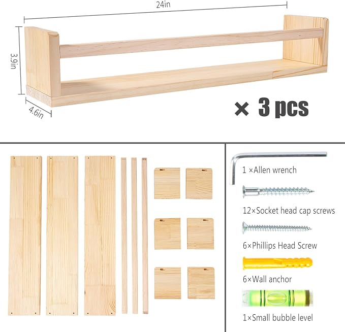 AZSKY Nursery Book Shelves 24 Inch Rustic Natural Wood Floating Shelves - Image 3