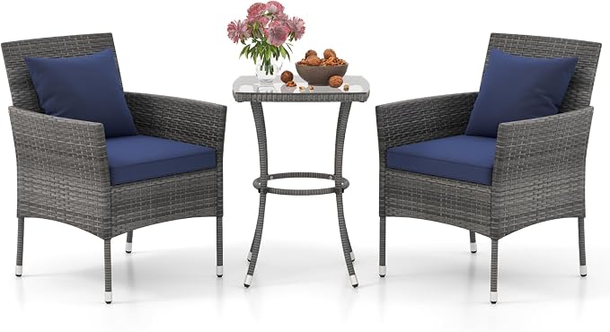 Tangkula 3-Piece Patio Furniture Set, PE Wicker Conversation Bistro Set w/A by TANGKULA