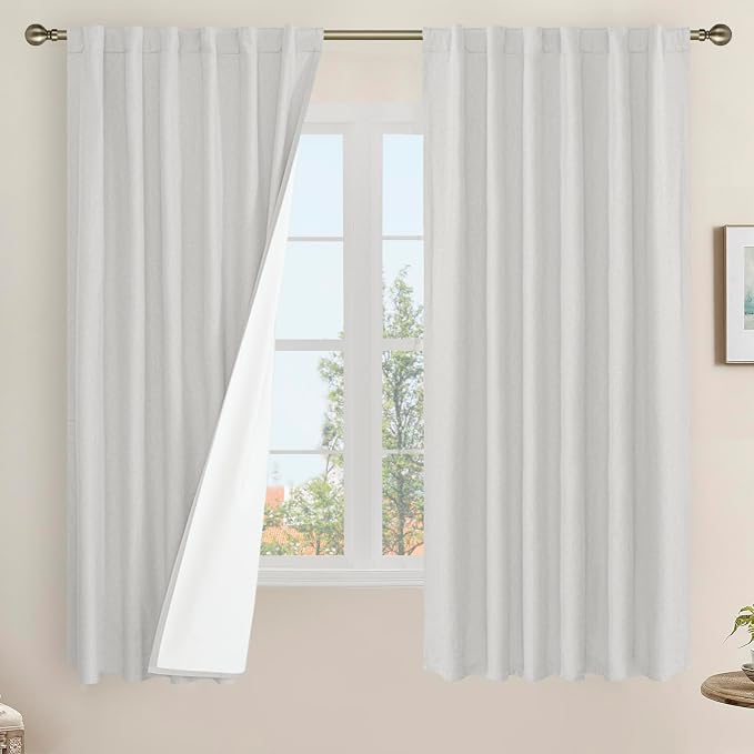 100% Blackout Linen Curtains for Bedroom 60 Inch by LAMIT