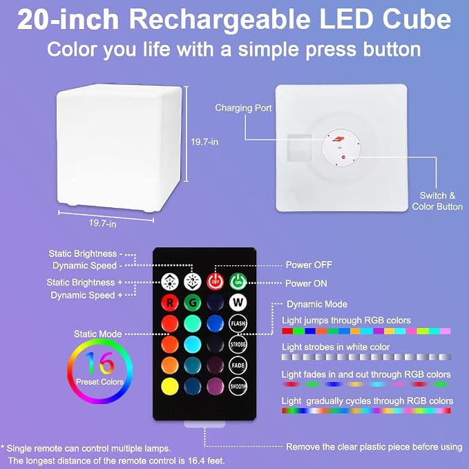 20-in LED Cube Chair, Dimmable RGB Color Changing Light Cubes w/Remote - Image 9