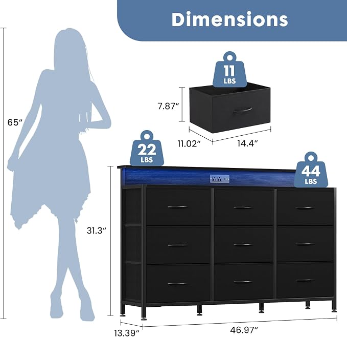 DUMOS TV Stand Dresser with 9 Fabric Drawers and Open Shelves, Entertainment - Image 3