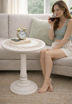 Antique White Round Coffee Table – 18x22 Wood Accent Side Table - Image 4