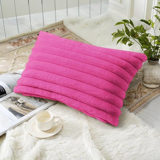 decorUhome Fall Faux Fur Throw Pillow Covers 12x20 Set of 2 Hot Pink | - Image 4