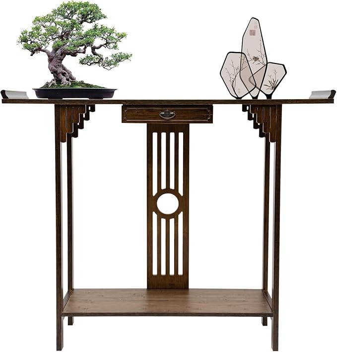 Chinese Style Vintage Console Table, 40In 2 Tiers Bamboo Sofa Consoles Table by Unknown