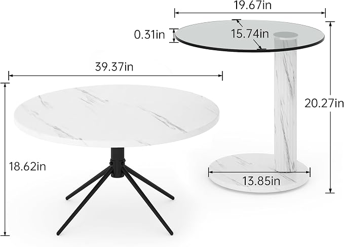 Hooseng Set of 2 Round Coffee Tables, Faux Marble Top and Modern Tempered - Image 2