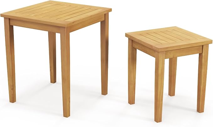 Tangkula 2 Pieces Patio Nesting Table, Teak Wood Outdoor Space Saving Design - Image 9