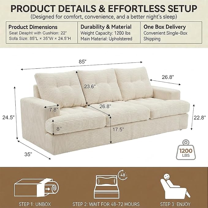 85" Corduroy 3 Seater Sofa in a Box, High-Density Foam Couch, No Assembly - Image 2