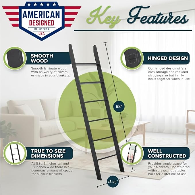 Blanket Ladder for The Living Room and Bedroom, 5ft 8 inch, 6-Tier Wall Leaning - Image 2
