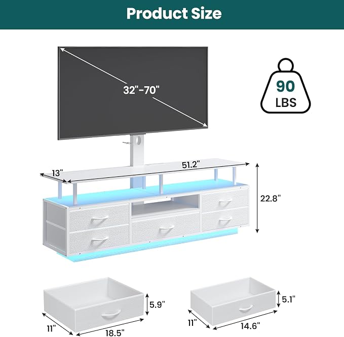BTHFST TV Stand with Mount for 45/55/65/70 inch TVs, 51.2" LED TV Stand with - Image 2