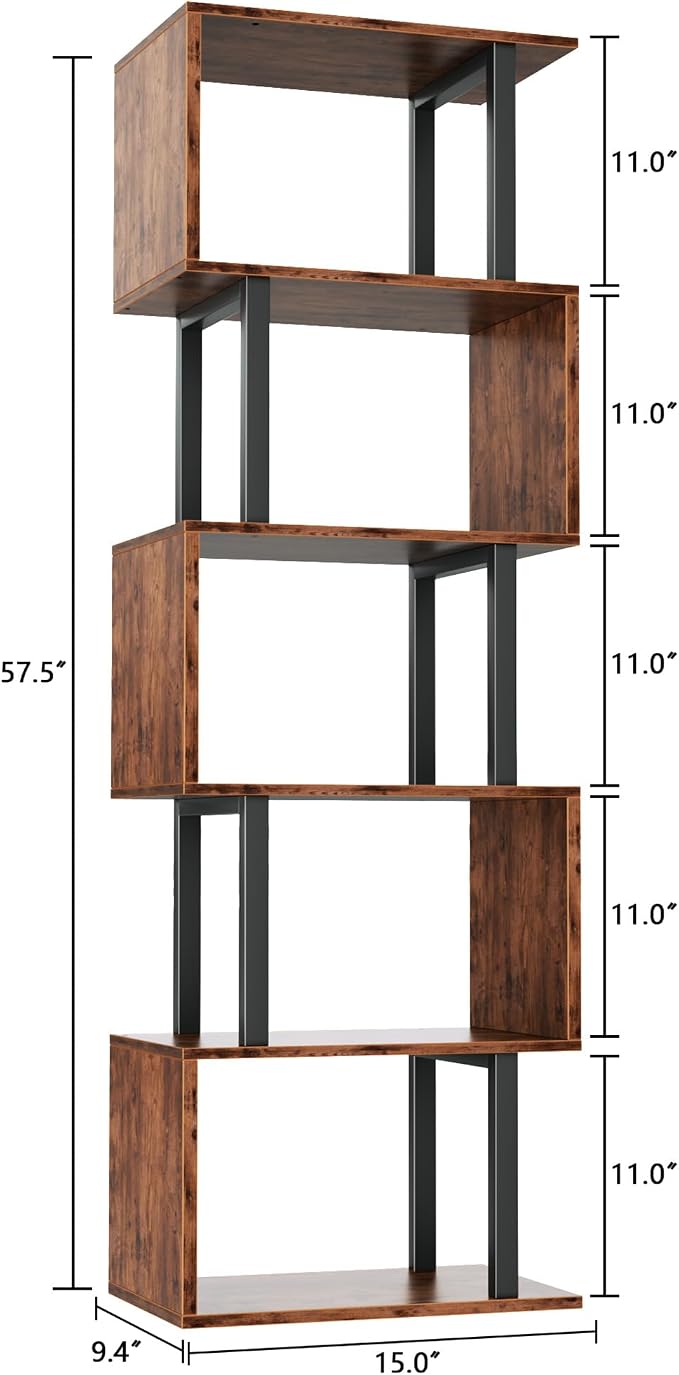 Furologee 6 Tier Bookshelf, Tall S Shaped Geometric Bookcase, Modern Display - Image 3