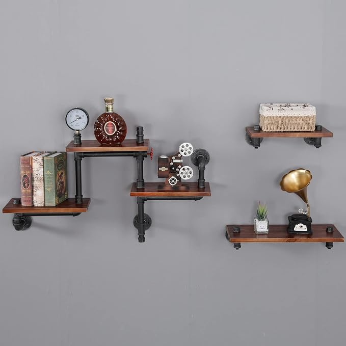 Industrial Floating Pipe Wall Shelves Rustic Wood Shelving, 5 Layer Pipe Design - Image 7