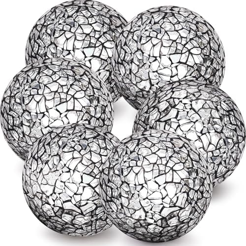 6 Pcs Decorative Balls for Bowls,2.4" Black Mosaic Glass Balls by Kepfire