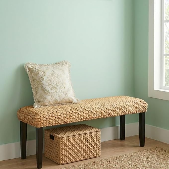 Entryway Bench with Solid Wood Acacia, Water Hyacinth Indoor Bench Seat by AVCONNECT