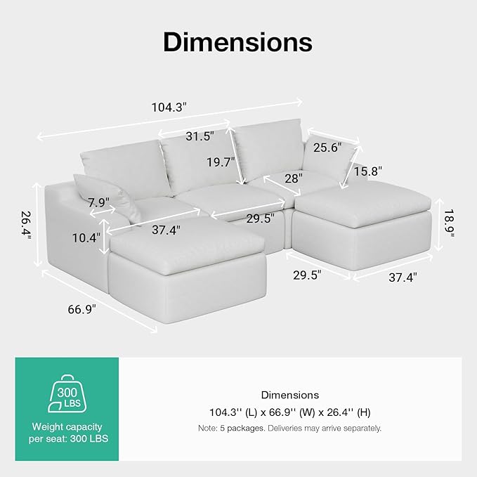 Novilla 104.3" Modular Cloud Couch, Modern Sectional Sofa - Image 2
