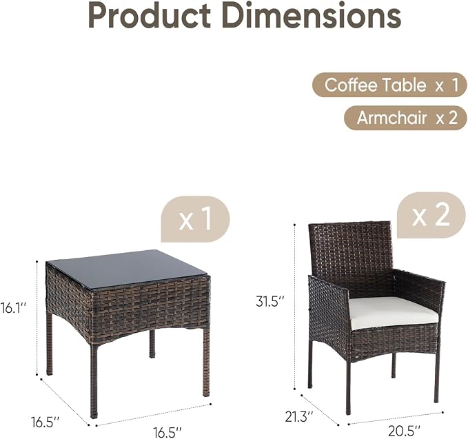 DUMOS 3 Piece Patio Furniture Set, All-Weather Outdoor Wicker Chairs - Image 7