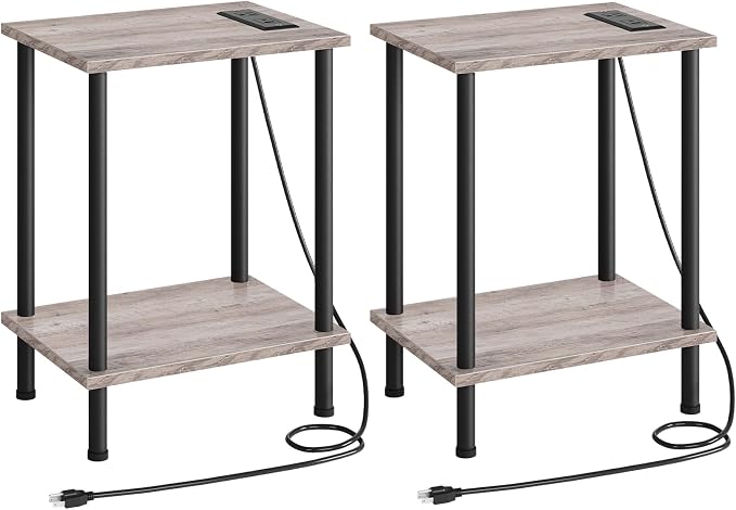 HOOBRO Side Table with Charging Station, Nightstand with 2-Layer Storage Shelves by HOOBRO