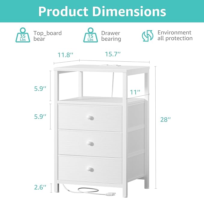 BOLUO White Night Stand with 3 Fabric Drawers, Nightstand with Charging Station - Image 3