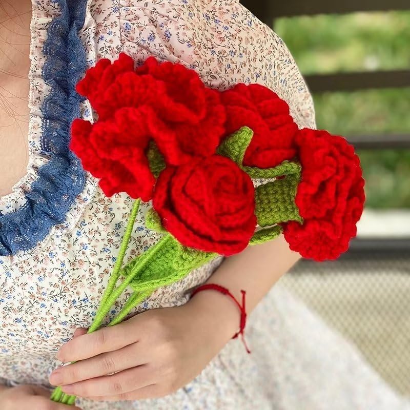 JOONOR 6 Pcs Hand-Woven Roses, Crochet Rose Flower Bouquet, Red - Image 5