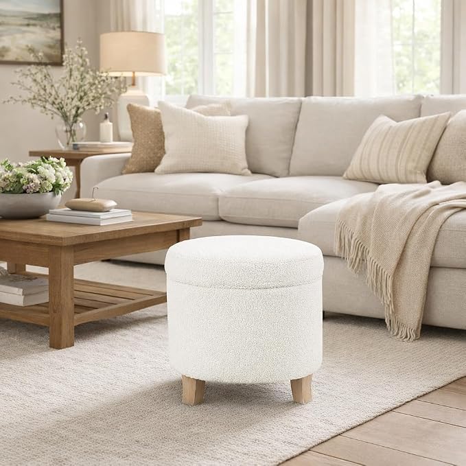 HomePop Round Transitional Faux Sheepskin Fabric Storage Ottoman|Homepop Home - Image 2