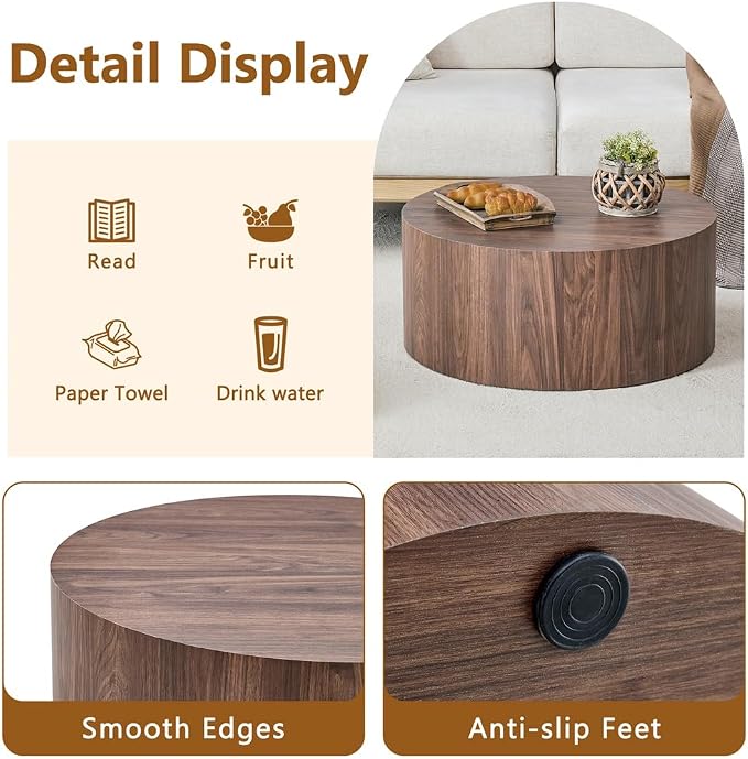 Round Coffee Table, 23.6" Modern Wood Drum Coffee Table, Round Accent Center - Image 4