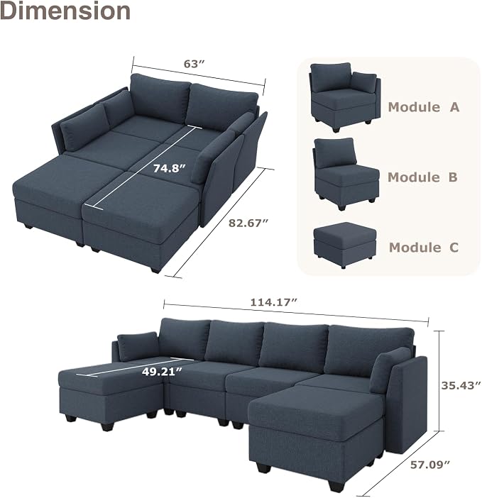 Huatean Home 114.17" Modular Sectional Sofa, 6 Seat Modular Couch - Image 2