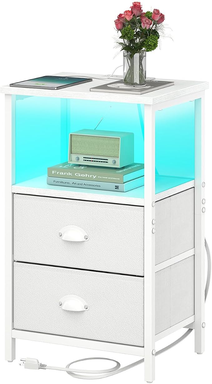 sthmec Nightstand with Charging Station, LED Night Stand with 2 Fabric Drawers by Unknown