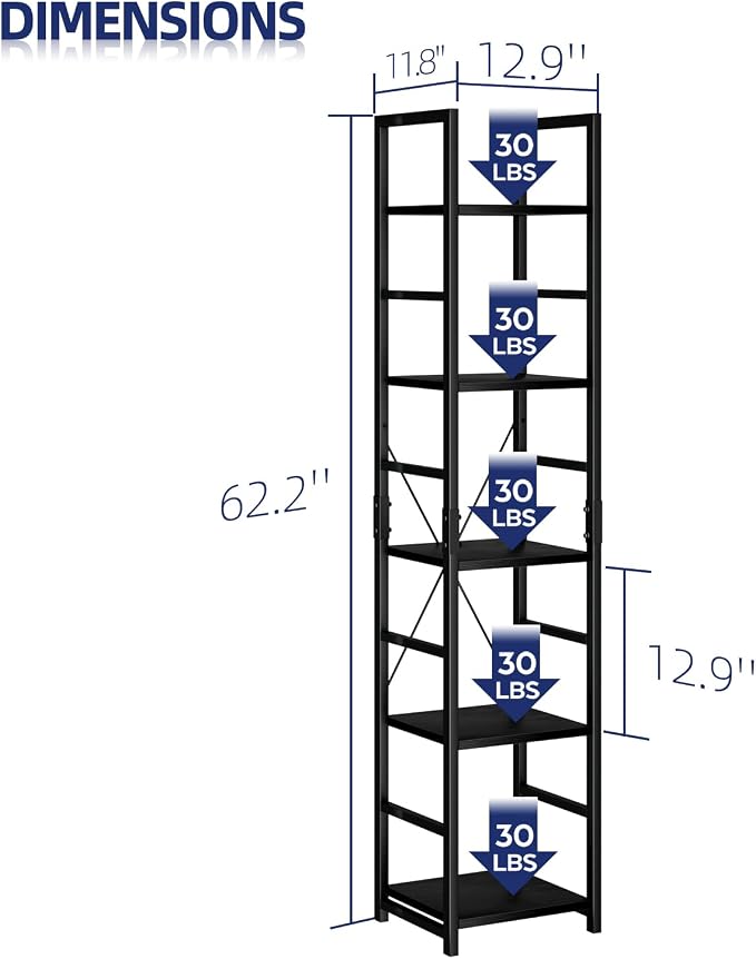 NUMENN 5 Tier Slim Bookshelf, Tall Bookcase Shelf Storage Organizer, Modern - Image 3