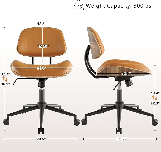 Armless Office Chair with Wheels, PU Leather Adjustable Height Desk Chair - Image 3